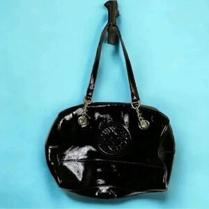 Anne Klein Patent Black Embossed Lion with Gold Accent Purse